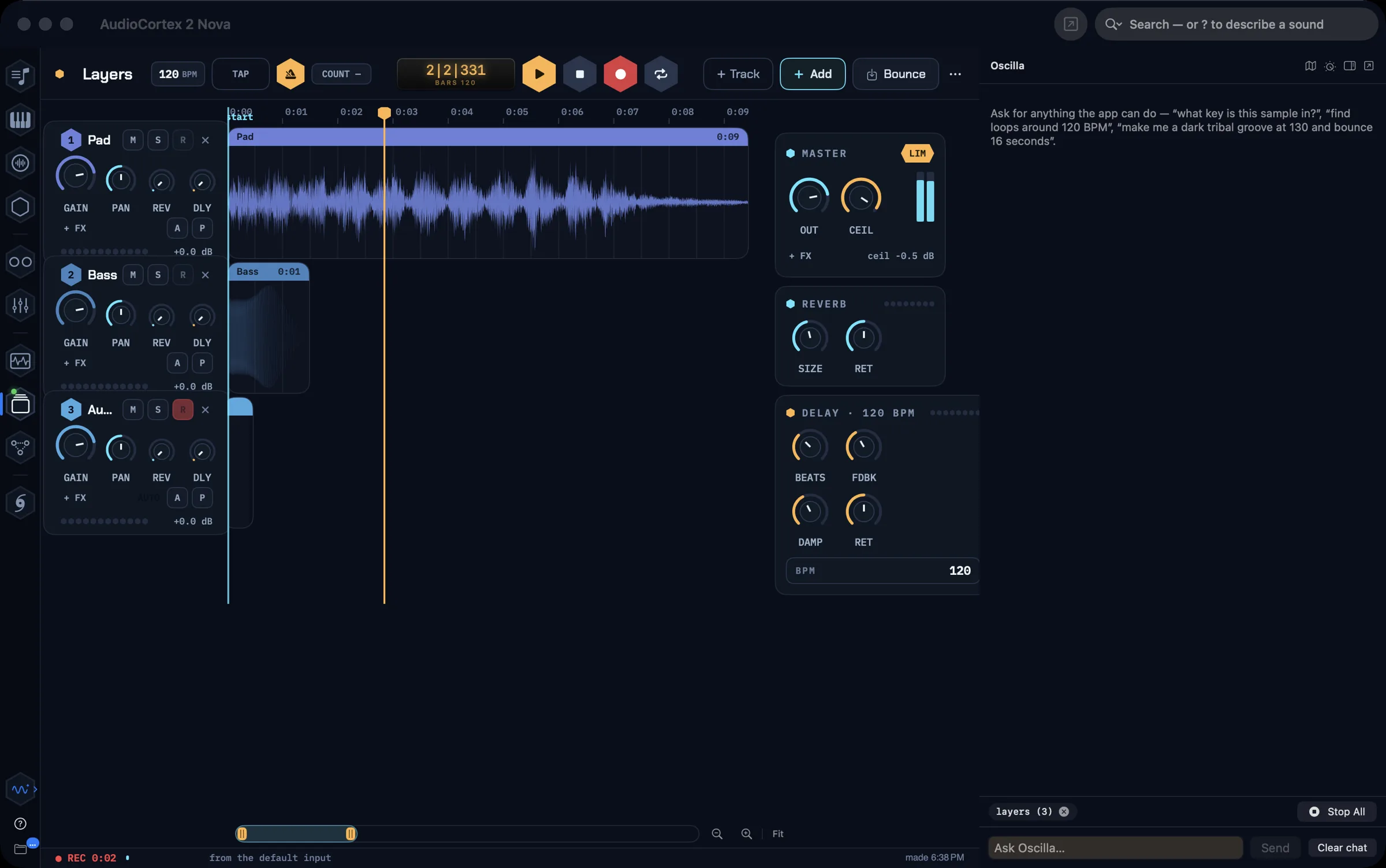 Tracks mid-take: the bar with tempo, TAP, metronome and COUNT on the left, transport in the middle, + Track, Add and Bounce on the right beside the Oscilla pane, and REC 0:02 in the status line under the lanes