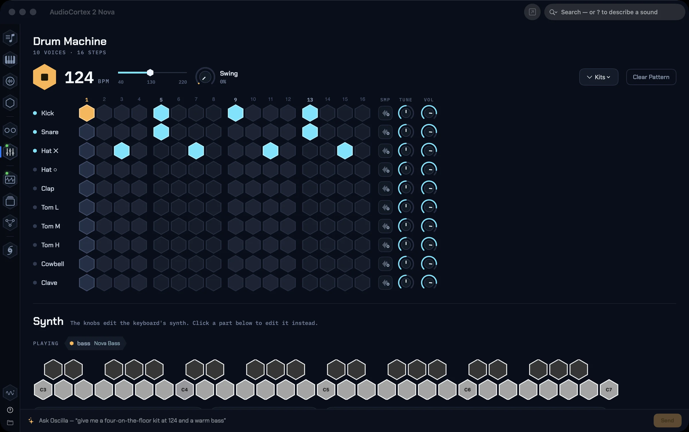 The Instruments room: a hexagon step sequencer playing a four-on-the-floor kit above the synth and its hexagon keyboard