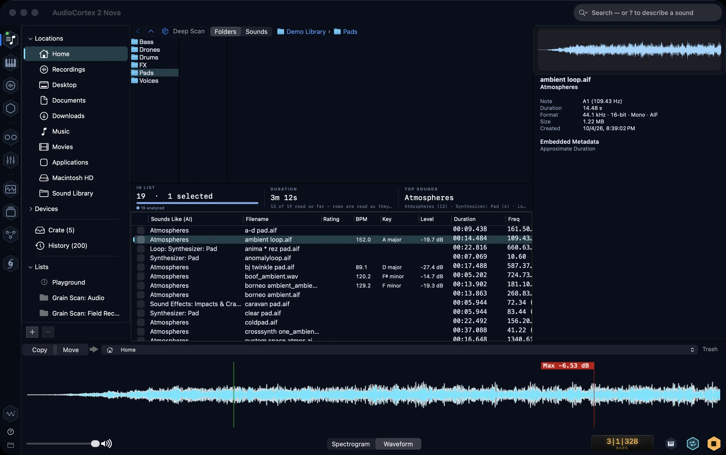 The AudioCortex 2 Library: a folder of pads, every sound analyzed, with what each one sounds like, its tempo, key and level
