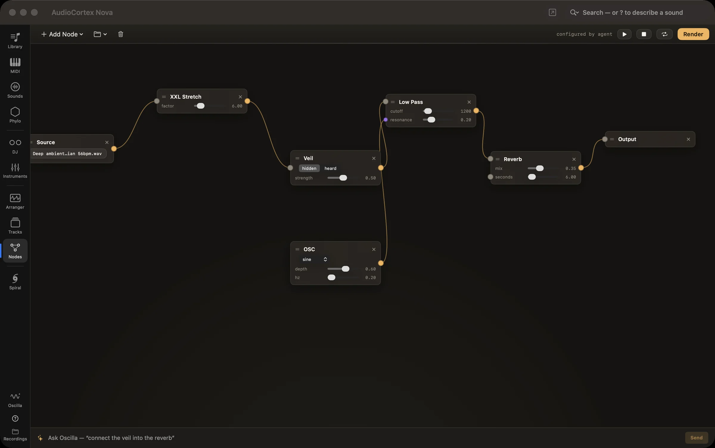 The Nodes canvas with a source wired through a Veil node and a reverb to the output