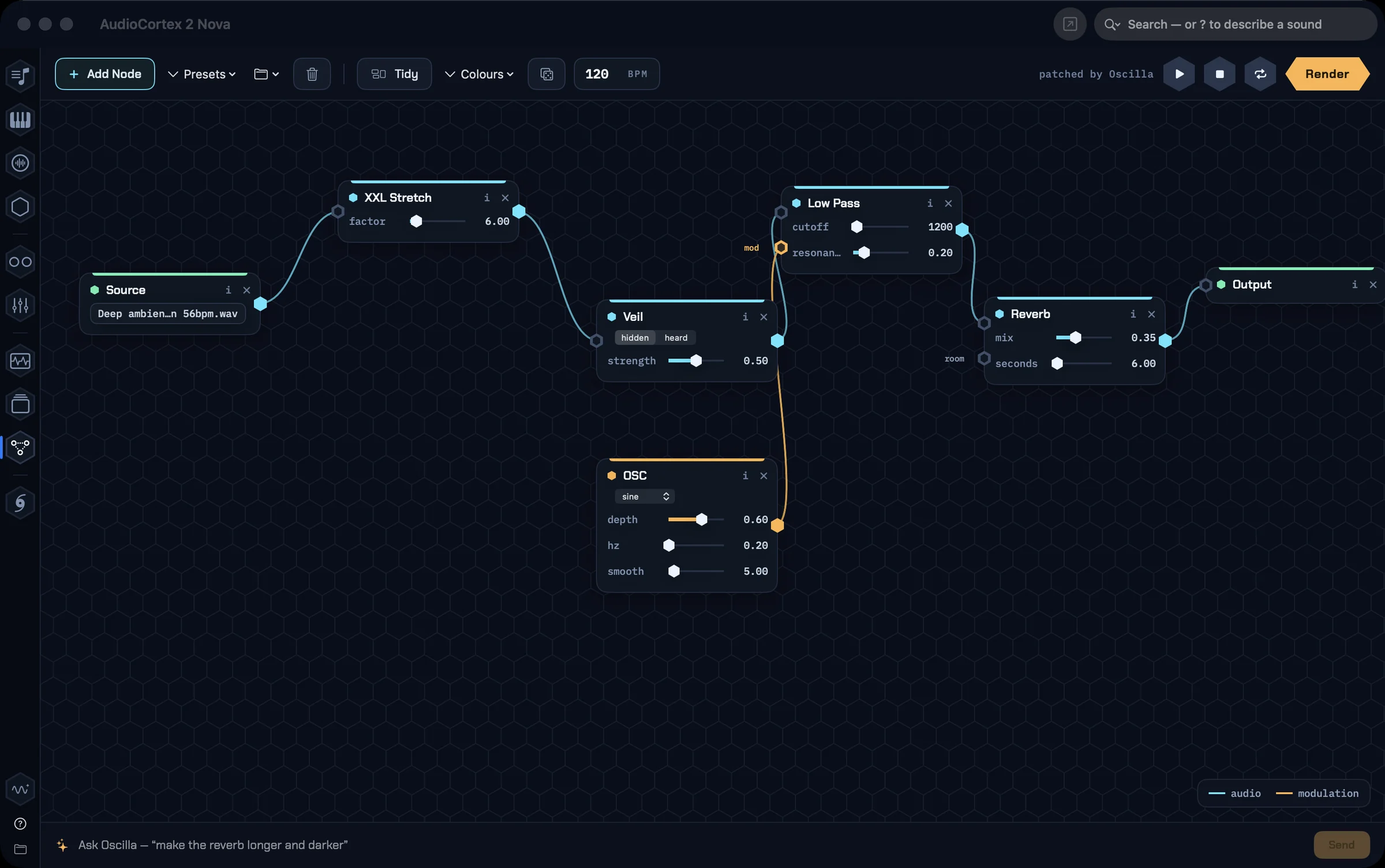 The Nodes canvas: a source through XXL Stretch, Veil, a low pass moved by an oscillator, and a reverb to the output