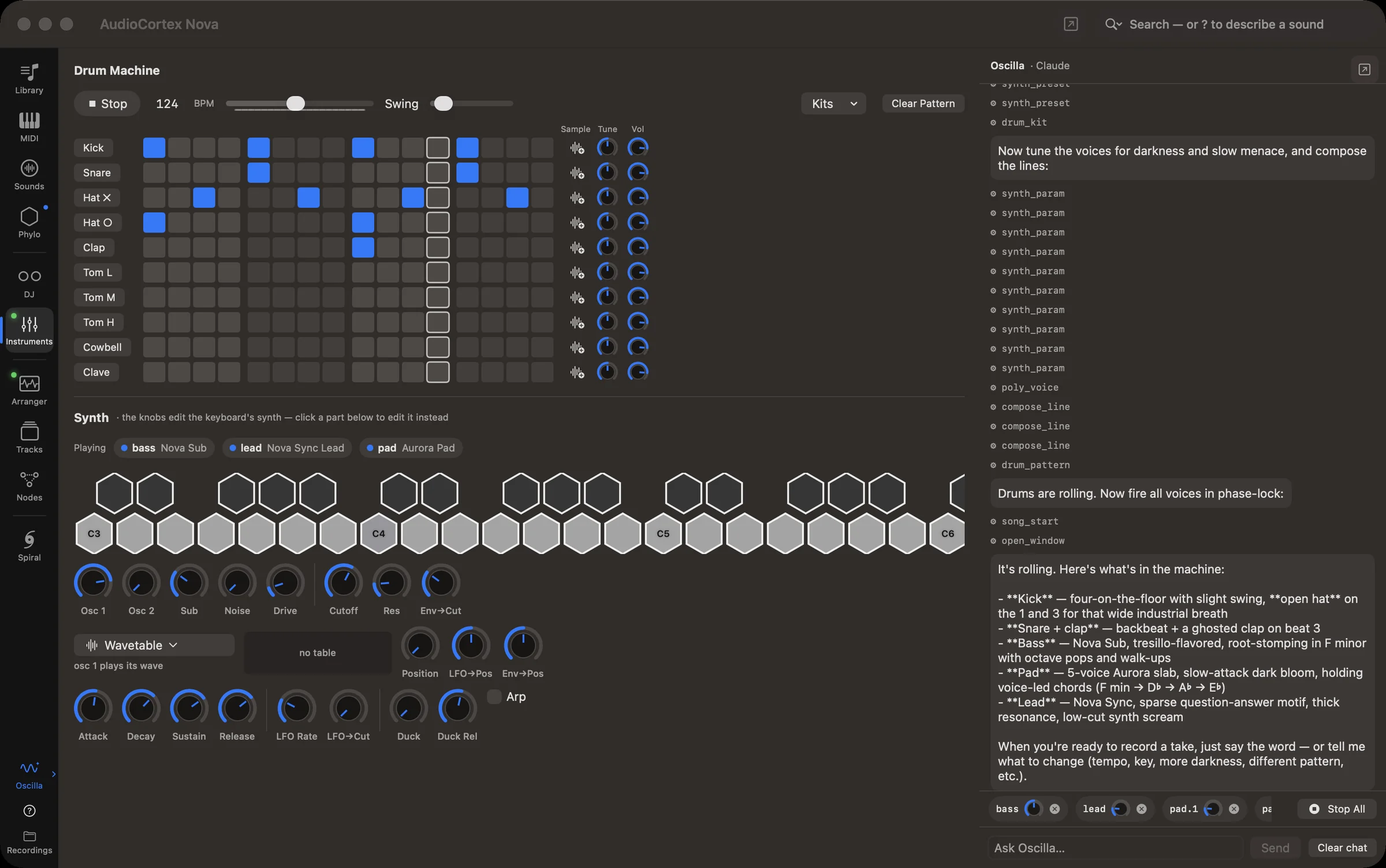 Oscilla’s pane beside the Arranger, carrying out a request for a slow techno groove step by step