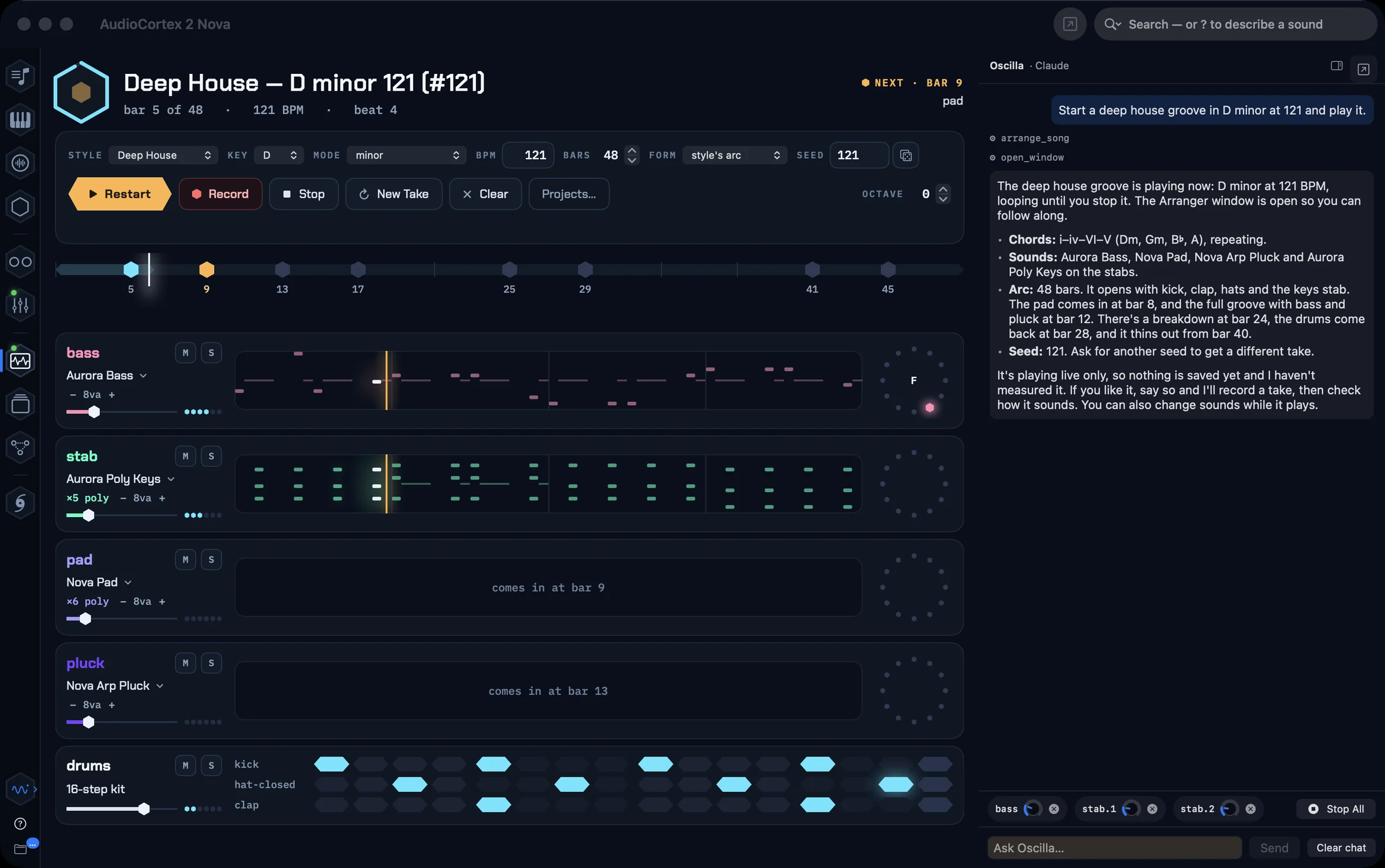 Oscilla’s pane beside the Arranger: asked for a deep house groove in D minor at 121, it starts the song and lists its chords, sounds, arc and seed