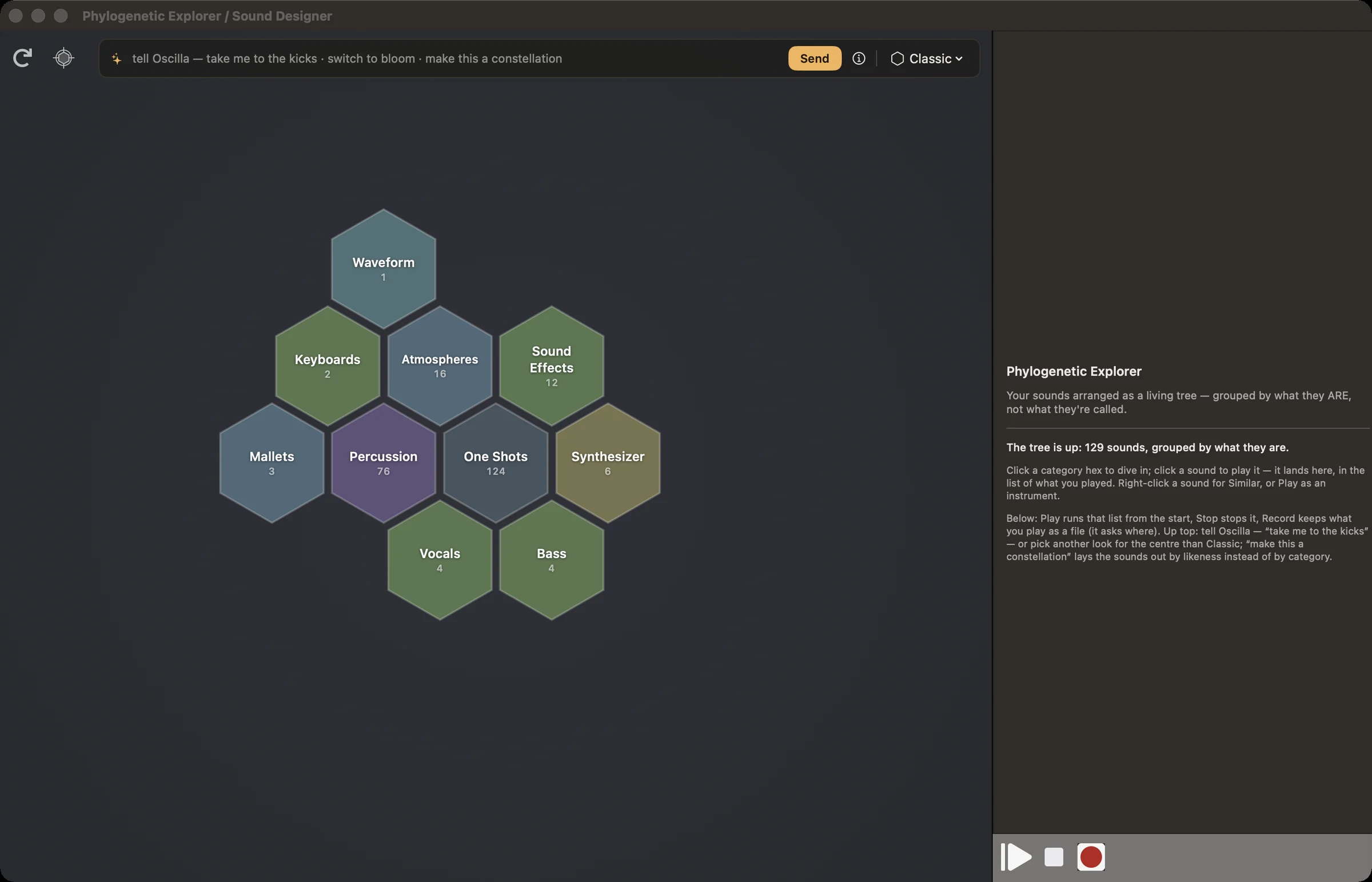 The Phylogenetic Explorer one level into a library of 129 sounds: a honeycomb of hexes — Percussion, Atmospheres, Sound Effects, Synthesizer, Bass, Vocals, Mallets, Keyboards — each with its count