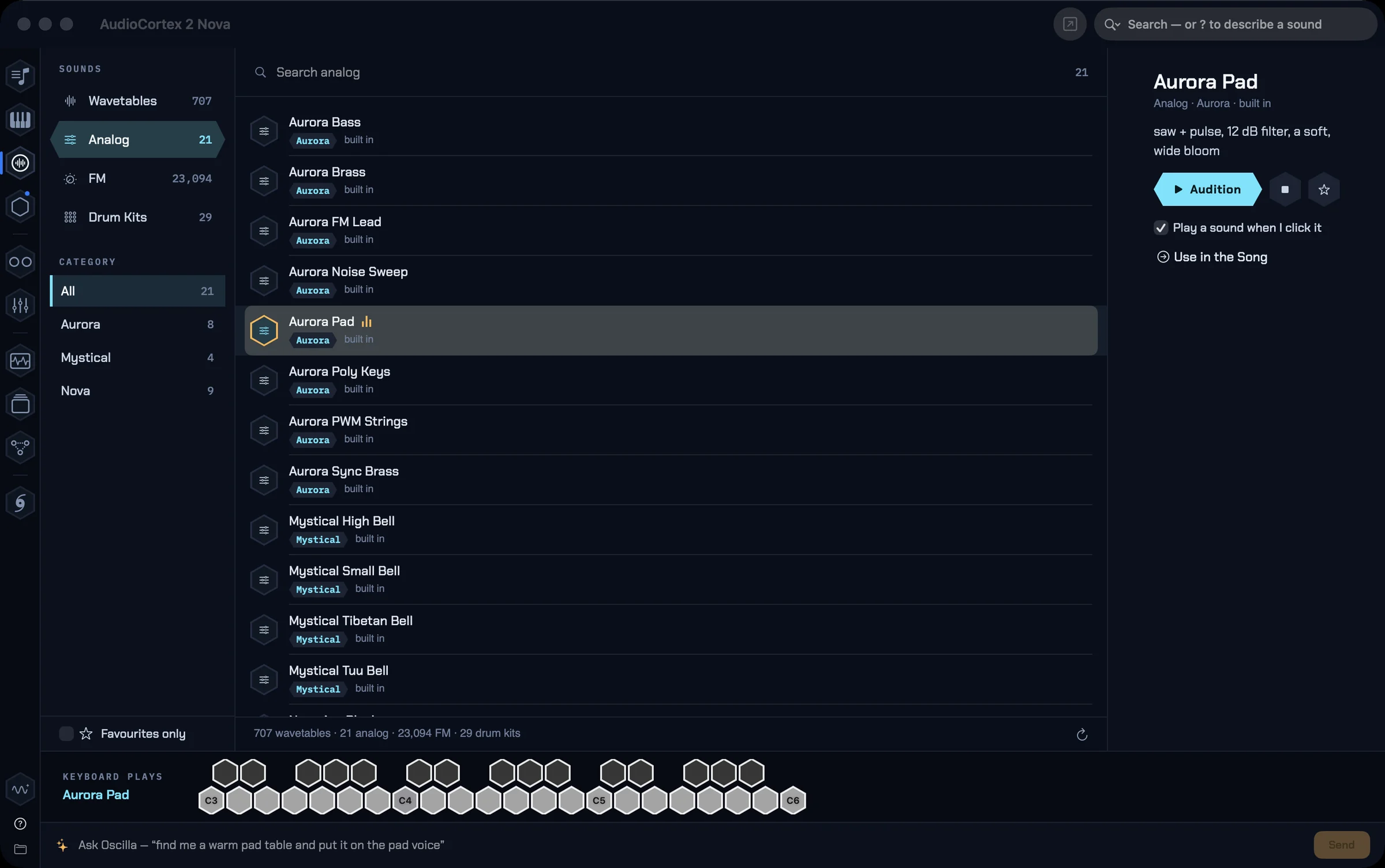 The Sounds room listing analog presets with the selected one playable from the keyboard below