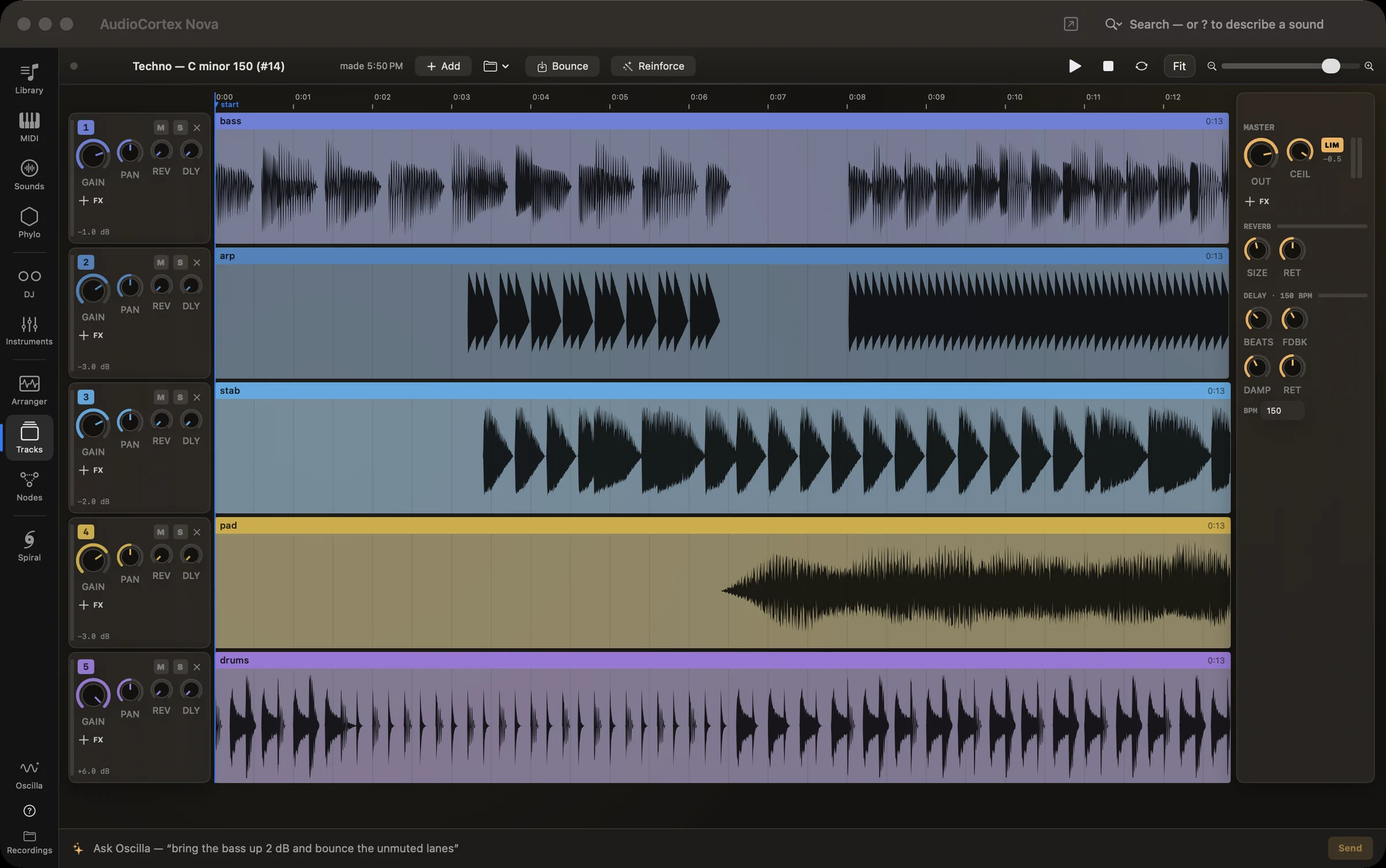 The Tracks room with a project’s lanes, each with a mixer strip, and the master at the right