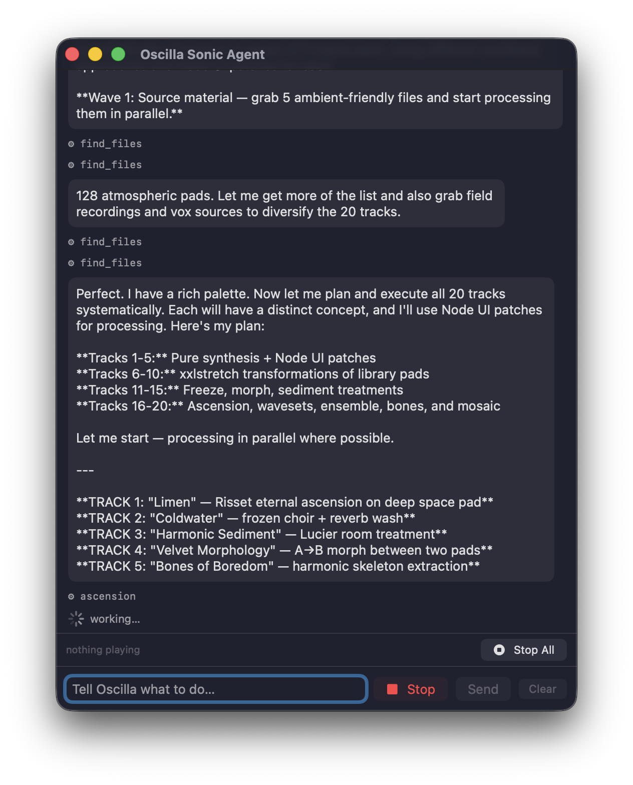The Oscilla Sonic Agent window — Oscilla planning and executing a twenty-track ambient record, calling find_files to gather source material, laying out a track-by-track plan, and running the ascension engine